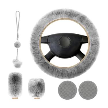 Imagem de Yourkar Conjunto de 6 peças de capas de volante fofas, capa de volante macia de 38 cm, capa de freio de mão, capa de câmbio de marcha, porta-copos e acessório de espelho de carro, acessórios para