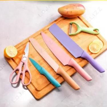 Imagem de Conjunto Jogo De Facas Inox Profissional Colorido 6 Pçs Chef - @lojakv