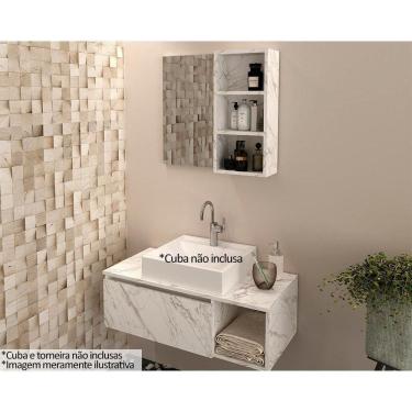 Imagem de Conjunto De Banheiro Balcão Suspenso Bn3601 S- Cuba 80cm E Armário C- Espelho Bn3609 Cor Mármore Branco - Tecno Mobili