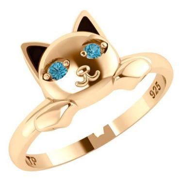 Imagem de Anel Gatinho Olhos Topázio Azul - Prata 925 Dourada 18k - Tudo Prata, 