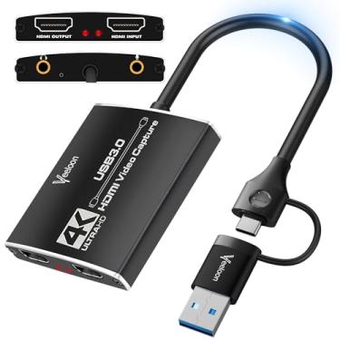 Imagem de Placa de captura de áudio e vídeo para transmissão, placa de captura HDMI 4K para USB C com adaptador USB A 3.0, 1080p 60FPS, funciona com iPad Mac OS Windows, câmera/Xbox/PS5/PC/OBS/DVDs, DSLR para