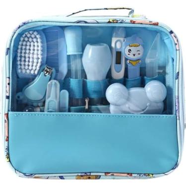 Imagem de Kit Higiene Bebê Premium 13 em 1 - Estojo Completo com Tesoura, Pente, Termômetro, Cortador - Bolsa Organizada e Livre de BPA (Rosa) (Azul)