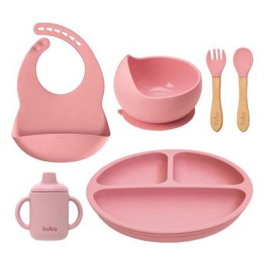 Imagem de Kit Refeição Babador + Copo + Prato + Bowl + Talheres Buba, Rosa