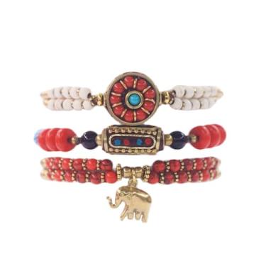 Imagem de VIWATIN Pulseiras de sino de latão nepalês feitas à mão para mulheres, pingente de elefante, boho cigano tibetano étnico contas turquesa corda da sorte, One Size, Turquesa sintética, Turquesa criada