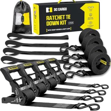 Imagem de DC Cargo Mall Pacote com 4 tiras de catraca (resistência à ruptura de 2,3 kg) 3,8 cm x 2,5 m, tiras de amarração com trava de segurança S ganchos para carga, caminhões, eletrodomésticos, mudança