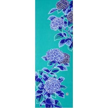 Imagem de 染の安坊 Toalha de mão Anbo Tenugui, coleção azul e branca, hortênsia (fundo verde azul), 100% algodão, feita no Japão, 35 x 100 cm
