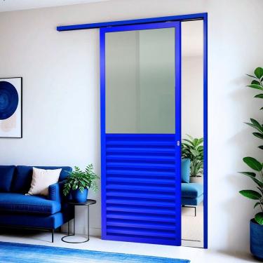 Imagem de Porta de Correr Suspensa 210x90cm Meia Veneziana Meia Vidro Esq L.25 Azul