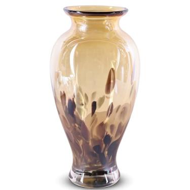 Imagem de Vaso de vidro soprado à mão 30 cm de altura, lindo vaso de botão de boca larga em ouro âmbar, para mesa central, vasos de flores de vidro murano colorido pintado para - entrada em casa e centro de