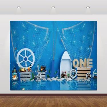 Imagem de Caaerttply 3 x 2,4 m, fundo náutico, aventura, barco à vela, conchas, conchas, estrela-do-mar, azul, fundo de madeira, leme de roda de marinheiro, rede de pesca, fundo, menino, menina, aniversário