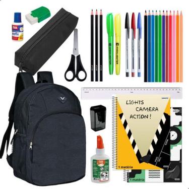 Imagem de Kit Material Escolar Mochila Estojo 2 Cadernos 96fls + Itens Masculino