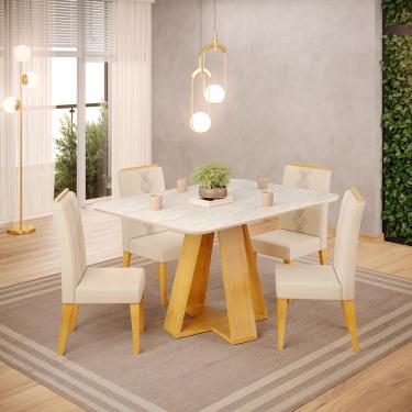 Imagem de Conjunto Sala de Jantar 4 Cadeiras Tampo Sem Vidro dj Móveis Kiara Cedro Quartzo Yasmin Linho Neve