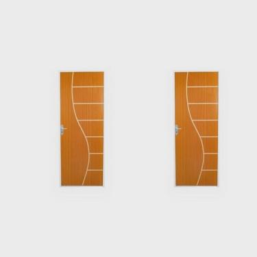 Imagem de 2 Kits Porta de Madeira Decorada 215x75cm com Batente de Aço 6cm Cantareira Mogno