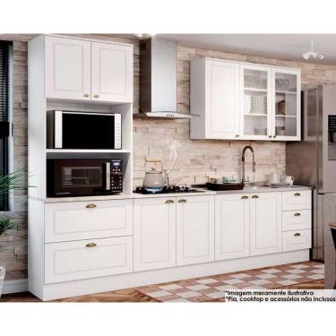 Imagem de Kit de Cozinha Modulada 5 Peças Americana (Torre Quente + 1 Aéreo + 2 Balcões + 1 Tampo p/ Cooktop) CZ267 Branco - Henn