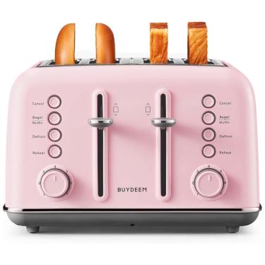 Imagem de Torradeira BUYDEEM DT640 4 Pães, Inox Rosa, Slots Largos, Função Bagel e Muffin, Bandeja Removível, 7 Ajustes de Tostagem