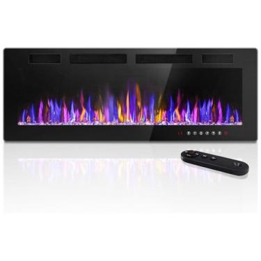 Imagem de Lareira Elétrica de 127 Centímetros Embutida e de Parede, Design Ultrafino com Controle Remoto, Cores de Chamas e Brilho Ajustáveis, Opções