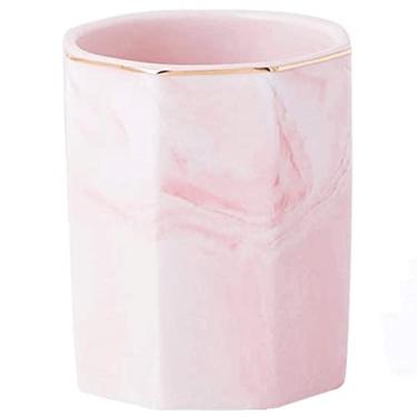 Imagem de Porta-lápis de mesa com padrão de mármore, suporte octogonal para pincéis de maquiagem, suporte multifuncional durável, caixa de armazenamento de grande capacidade (rosa)