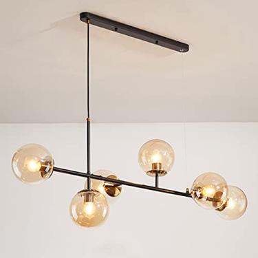 Imagem de Candeeiro moderno com forma de balão de cristal, 6 luzes, candeeiros industriais de meados do século, candeeiro pendente de teto linear, candeeiro suspenso de metal com abajur de bola de vidro
