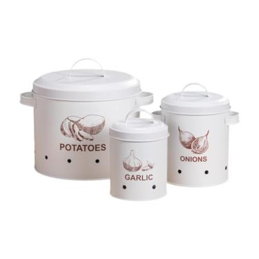 Imagem de ＫＬＫＣＭＳ 3 peças de cebola de batata alho latas de gabinetes de armazenamento de cozinha com tampa para organização de despensa, Branco