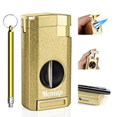 Imagem de Moniup Isqueiro Maçarico Multifuncional Com 3 Chamas, Cortador Em V Integrado, Suporte, Intensificador De Chama, Conjunto Presente E Acessórios Para Homens, Recarregável Butano Velas, Viagens, Ativi