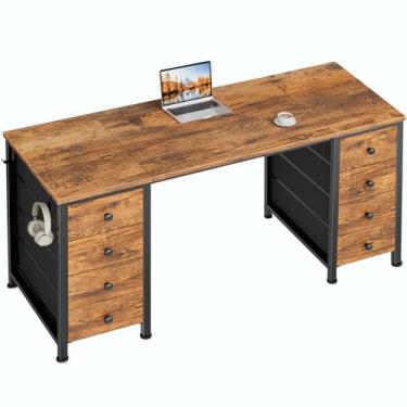 Imagem de Mesa de escritório com gavetas de tecido em ambos os lados, mesa de escritório em casa de 119 cm com 8 gavetas de tecido, mesas de computador de estudo de escrita com armazenamento para quarto, marrom