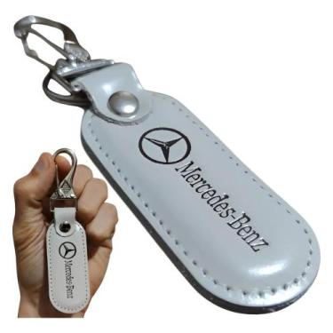 Imagem de Chaveiro Mercedes Benz Couro Branco Mosquetão Argola Chave Carro Luxo 