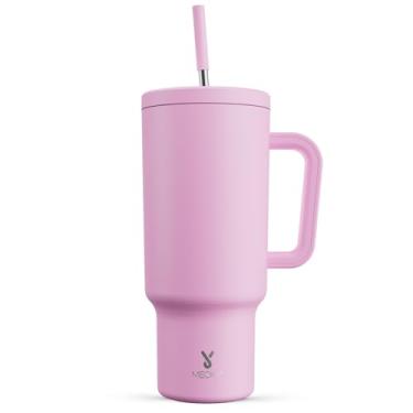 Imagem de Meoky Copo de 1,134 g com alça e canudo: copo isolado de aço inoxidável com tampa e canudo - copo 100% à prova de vazamento para porta-copos de carro - viajantes trabalhadores, rosa