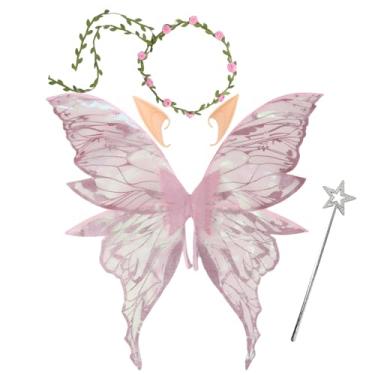 Imagem de Snycler Asas de fada para adultos e meninas, conjunto de fantasia de fada com guirlanda floral, varinha e orelhas de elfo asas de borboleta, rosa, Tamanho Único
