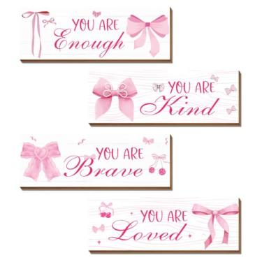 Imagem de Riletese 4 peças de decoração de laço rosa, decoração de quarto rosa estética para meninas adolescentes, afirmações positivas inspiradoras decoração de arte de parede de madeira, placas de parede de