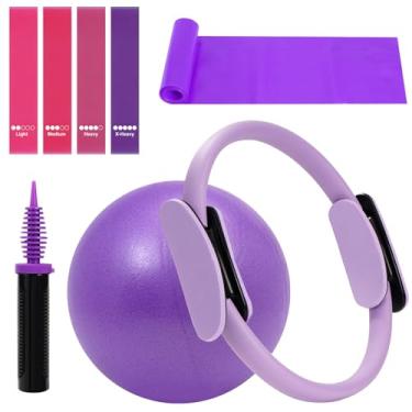 Imagem de WENDISI Conjunto de anéis de pilates fitness círculos, anel de ioga de alta resistência conjunto de equipamentos de pilates para mulheres inclui anel de pilates, bola de exercício pequena de 23 cm, 5