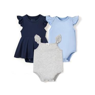 Imagem de PATPAT Bodies para bebês meninas - viscose de bambu macio - vestido fofo com mangas esvoaçantes - roupas de verão para recém-nascidos - pacote com 3, Céu/azul marinho/cinza, 6-9 Meses