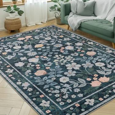 Imagem de YIHOUSE Tapete floral verde 15 x 23 cm lavável para sala de estar, tapete antiderrapante boho macio para quarto, ultra fino grande colorido tapete de flores para sala de jantar, escritório em casa