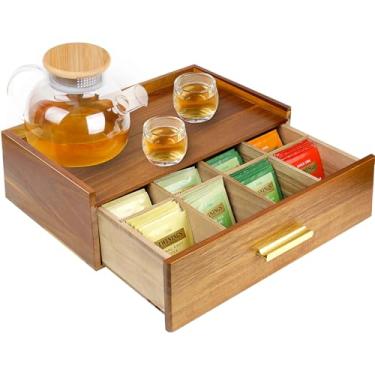 Imagem de Organizador de saquinhos de chá de madeira de acácia, organizadores de chá e caixa de armazenamento com 8 compartimentos removíveis, suporte para saquinhos de chá, recipiente para bancada, acessórios