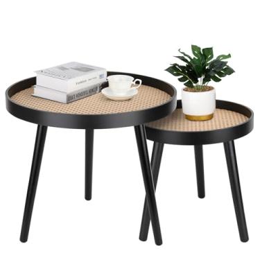 Imagem de Conjunto de 2 mesas redondas de centro boho, mesa de centro preta boho, mesa de centro pequena de vime moderna de meados do século, mesa lateral Boho para sala de estar, quarto, escritório, varanda