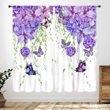 Imagem de Cortinas de cozinha florais roxas, flores em aquarela de primavera, borboleta, café, tratamentos de janela, casa de fazenda, flores silvestres, coloridas, quarto, sala de estar, banheiro, 2 painéis