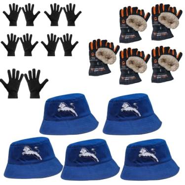 Imagem de Luva Básica, Luva de Moto Forrada, Chapeu Bucket (5 Luva Preta + 5 Luva de Moto Laranja + 5 Chapeu Azul)