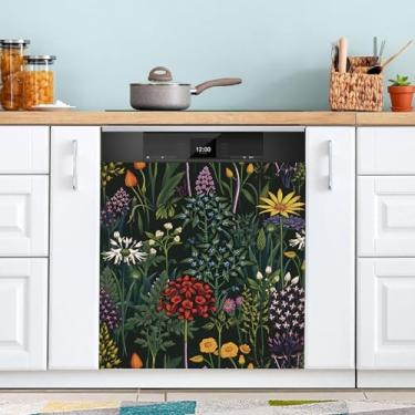 Imagem de Arbustos coloridos capa magnética para máquina de lavar louça capa de geladeira painel decalque decoração de cozinha doméstica, armário de máquina de lavar roupa reutilizável capas de lava-louças, 66