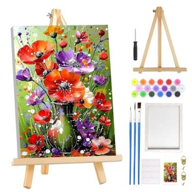 Imagem de MOGTAA Kit de pintura de flores em vaso por números para adultos iniciantes com moldura, kits de pintura de flores para adultos por números em tela com cavalete, kits de pintura a óleo DIY fáceis para