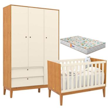 Imagem de Berço Americano E Guarda Roupa Unique 3 Portas Freijó Off White Eco Wood Com Colchão Gazin - Matic