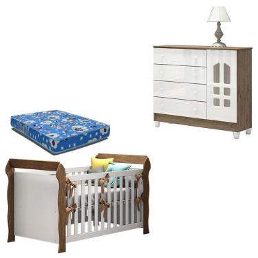 Imagem de Kit Berço Americano Lara com Cômoda Selena em MDF MDP 154cm Branco Acetinado Amadeirado com Colchão Carolina Baby