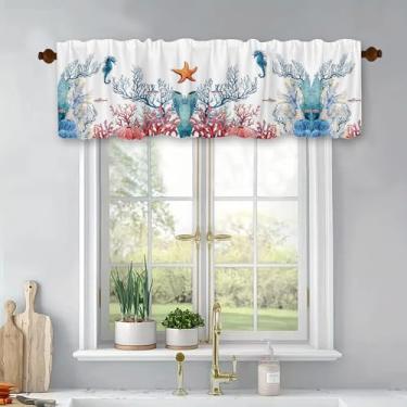 Imagem de Cortina curta de verão oceano coral estrela do mar azul branco tratamento de janela para sala de estar quarto banheiro varão bolso cortinas poliéster 137 x 45 centímetros