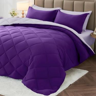 Imagem de MUXHOMO Jogo de cama solteiro GG de 5 peças, cama reversível em uma bolsa, tamanho twin GG, todas as estações, lençol de cima, lençol com elástico, fronhas e fronhas, roxo e lavanda