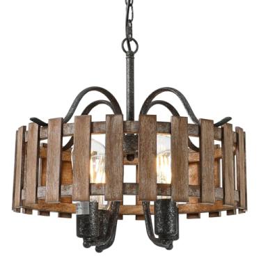 Imagem de wochos Lustre De Madeira Estilo Fazenda Com 4 Luzes, Pendente Tambor Industrial Rústico 16,5'' Para Cozinha, Ilha, Sala Jantar, Entrada