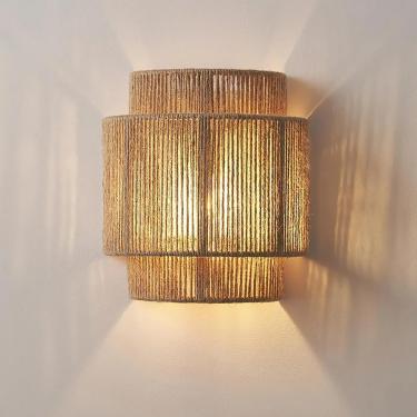 Imagem de Armancinhas de parede de vime de 9 polegadas, luminárias de parede boho com corda de cânhamo Luzes de parede rústica para quarto Banheiro de banheiro arandelas de entrada da parede iluminaçã