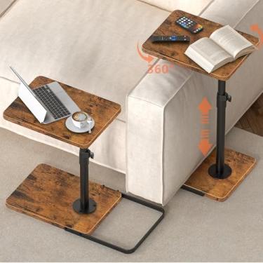 Imagem de Conjunto de 2 bandejas de TV para sofá - Painel giratório de 360° com altura ajustável, base maior de metal e madeira para evitar escorregões, bandeja de TV, mesa de canto em forma de C, bandejas de