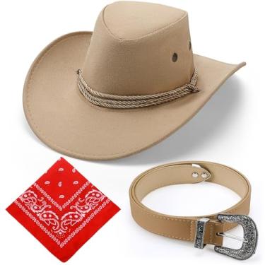 Imagem de Haysandy Chapéu masculino de fantasia de cowboy com cintos bandana, chapéu de caubói, chapéu de vaqueira, aba larga, acessórios de fantasia (cáqui)