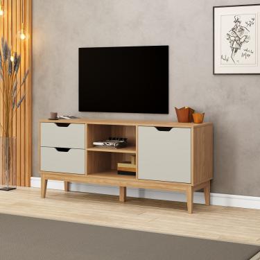 Imagem de Rack para TV até 55 Polegadas 1 Porta 2 Gavetas com Pés de Madeira MB1096 Movelbento - Mel/Off White