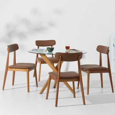 Imagem de Conjunto Mesa de Jantar Thai Redonda  Vidro Incolor - 1,10m + 4 Cadeira Nord Encosto Estofado PU - Cognac