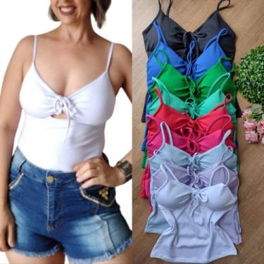 Imagem de Blusinha De Bojo Regata Alcinha Amarração Feminina Básica Canelada Cal