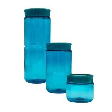 Imagem de Kit 3 Potes Porta Condimentos Temperos Empilháveis com Tampa Azul Tiba