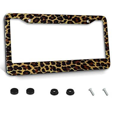 Imagem de Moldura de placa de carro marrom leopardo chita qualidade metal alumínio bonito animal capa de carro porta-etiquetas com 2 furos e parafusos decoração de 30 x 15 cm para veículos dos EUA padrão para